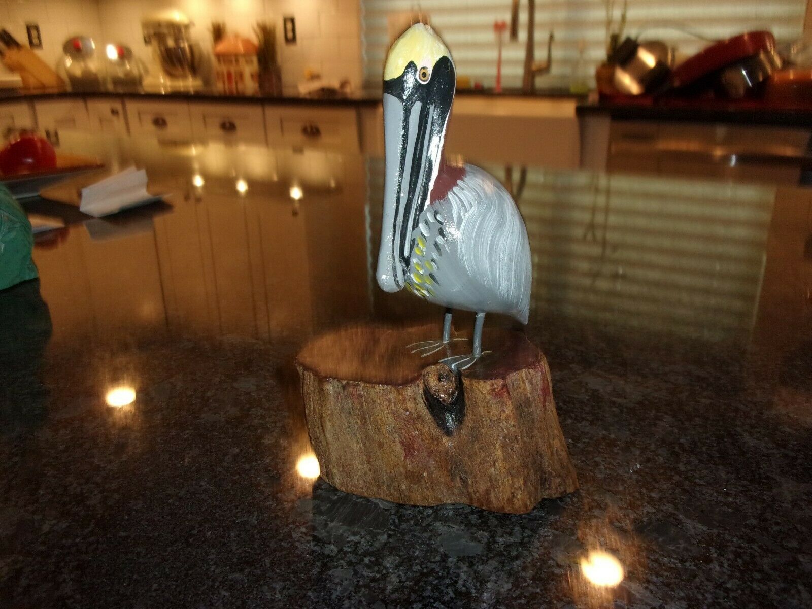 Hand Carved Painted Pelican On Wood Base - Sculpture - 7"