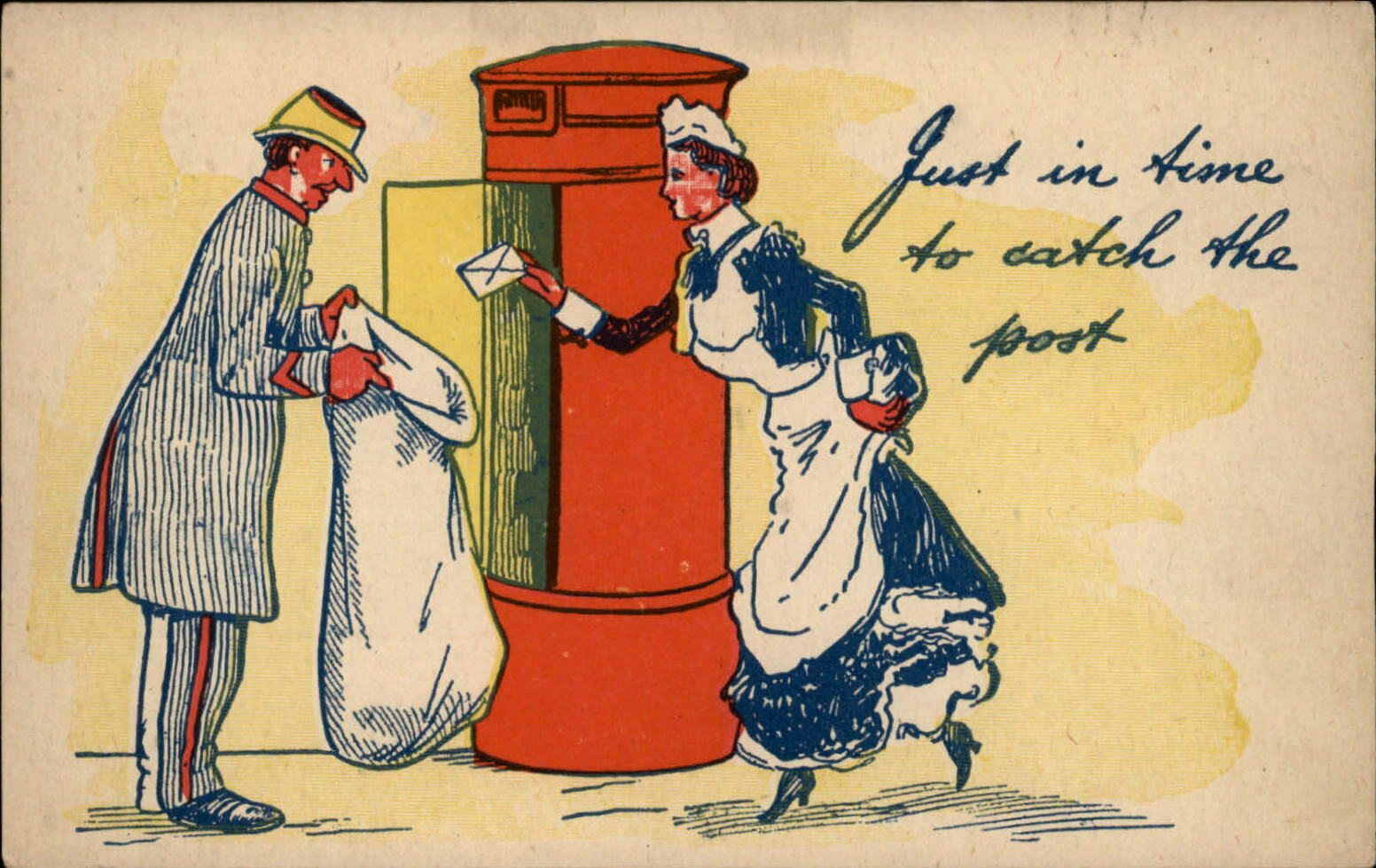 Comic Pun Lady Runs To Mail Letter To Catch The Post ~ C1910 Vintage Postcard