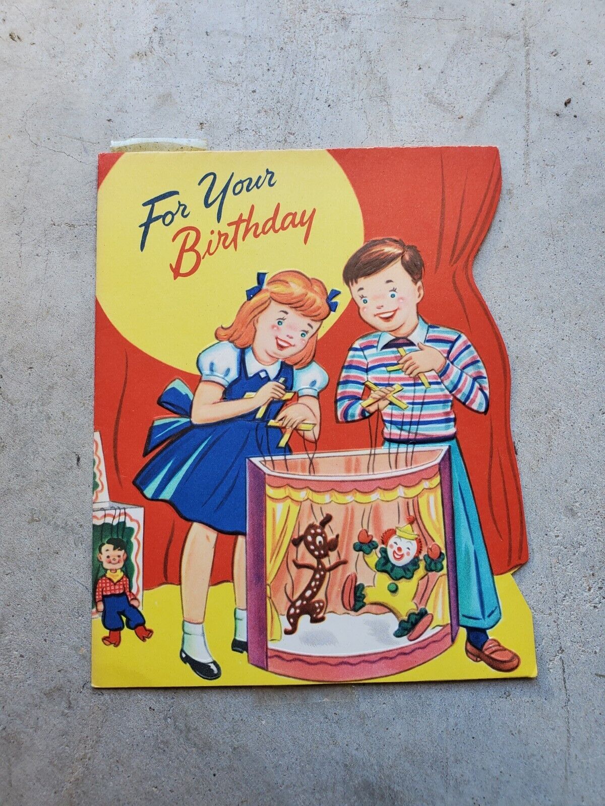 Vintage Birthday Card  Boy Girl Puppet Show Clown Dog  50's Decor 2