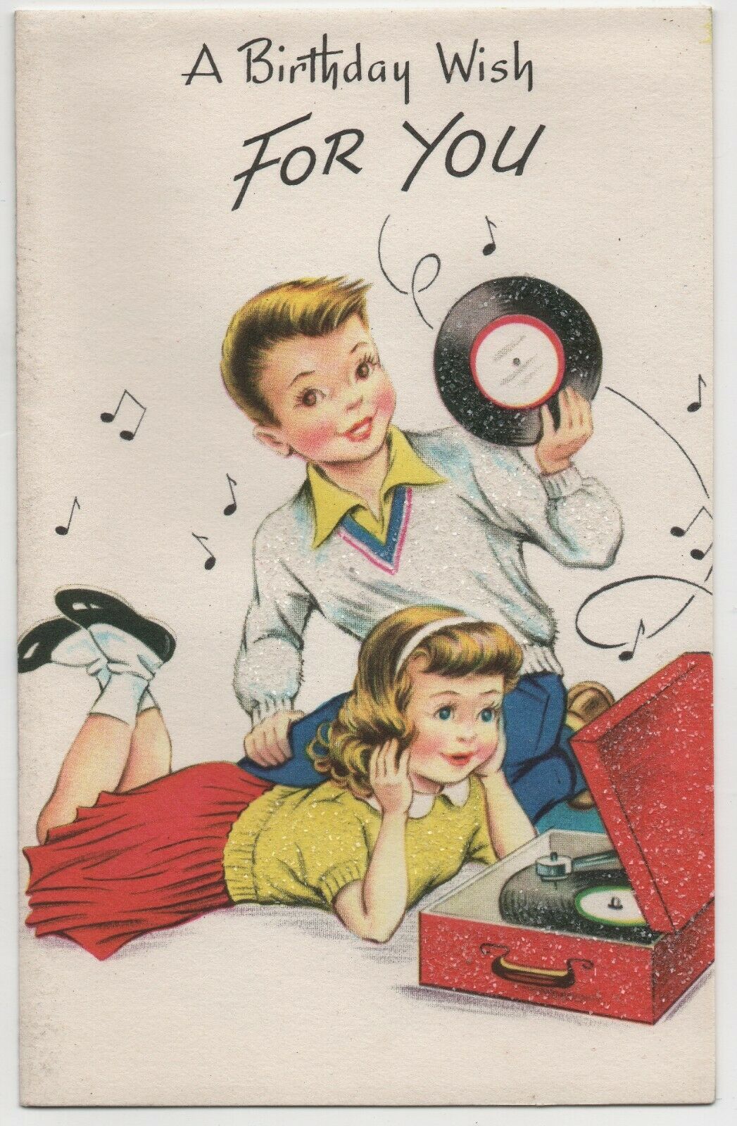 Vintage 1950s Birthday Card Glitter 45 Records Rock N Roll Theme Unused
