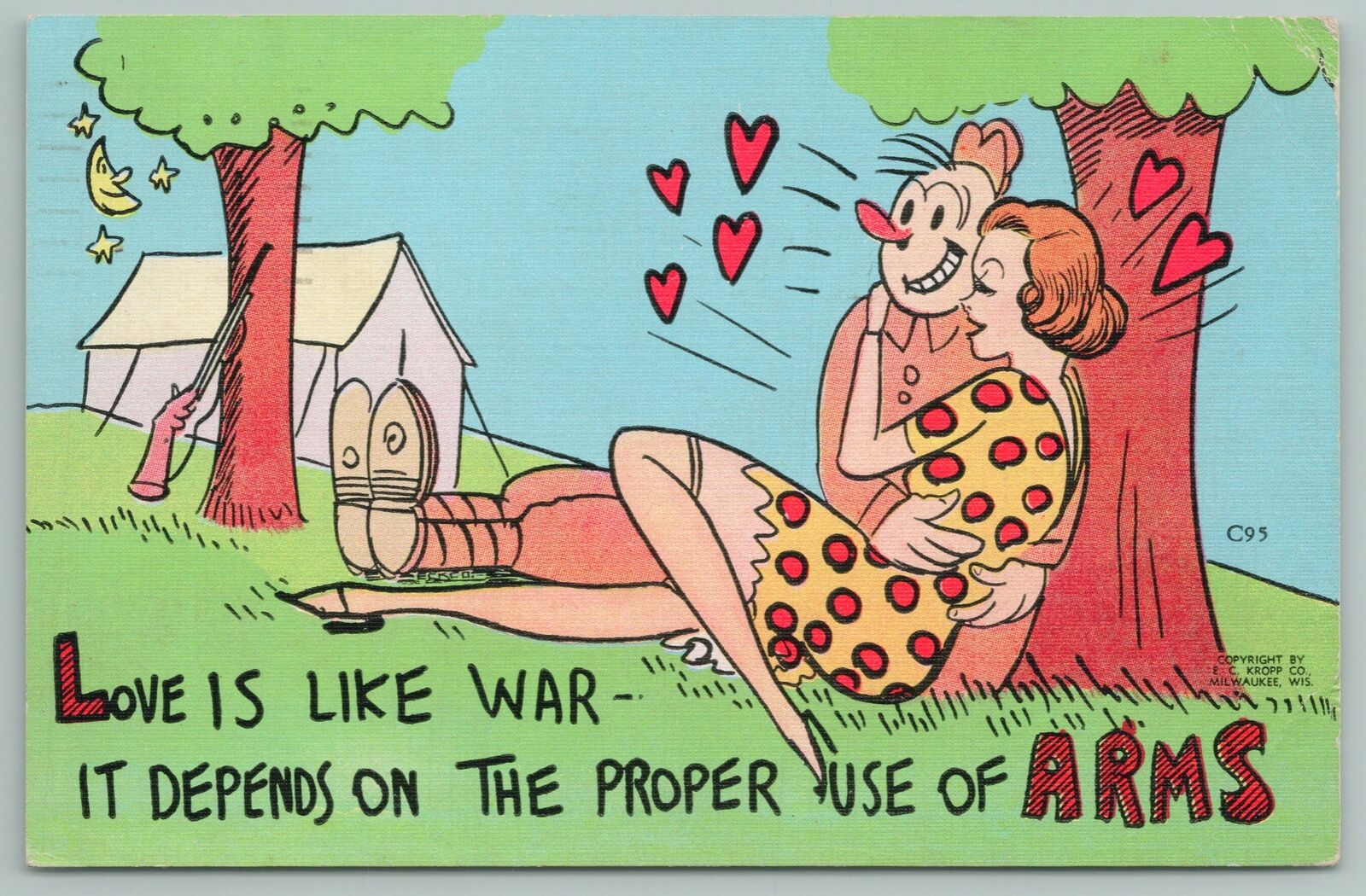 Military Comic~love Is Like War~depends On Proper Use Of Arms~linen Postcard